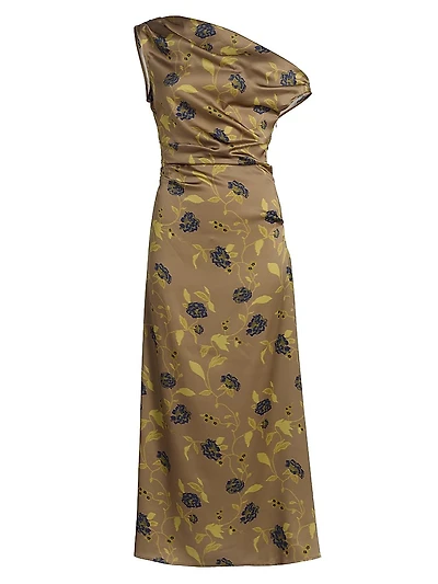 Phare Asymmetric Floral Silk Midi-Dress