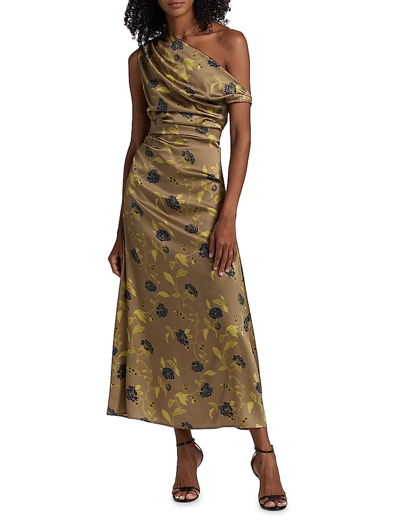 Phare Asymmetric Floral Silk Midi-Dress