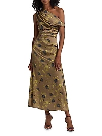 Phare Asymmetric Floral Silk Midi-Dress