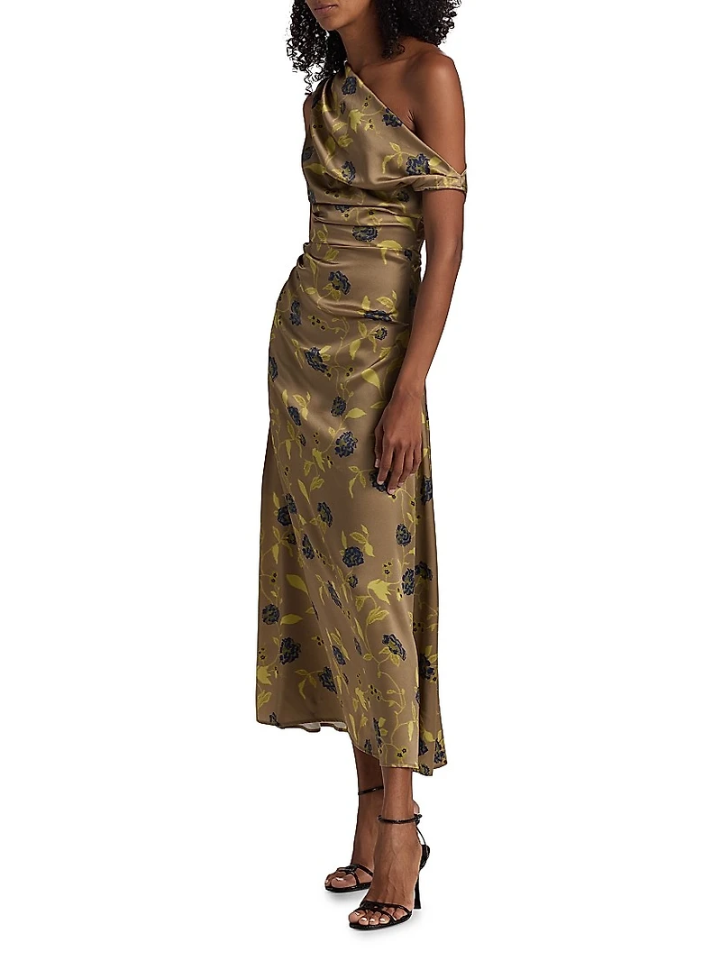 Phare Asymmetric Floral Silk Midi-Dress