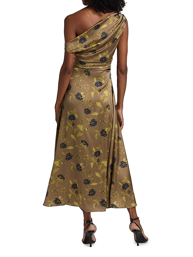 Phare Asymmetric Floral Silk Midi-Dress