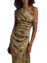Phare Asymmetric Floral Silk Midi-Dress