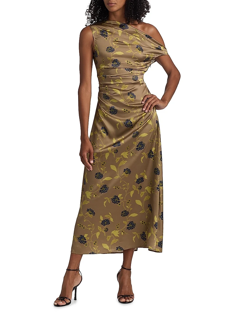Phare Asymmetric Floral Silk Midi-Dress
