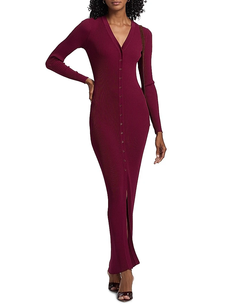 Shoko Rib-Knit Button-Front Maxi Dress