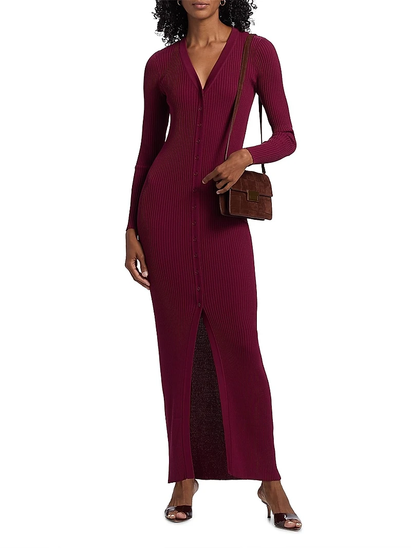 Shoko Rib-Knit Button-Front Maxi Dress