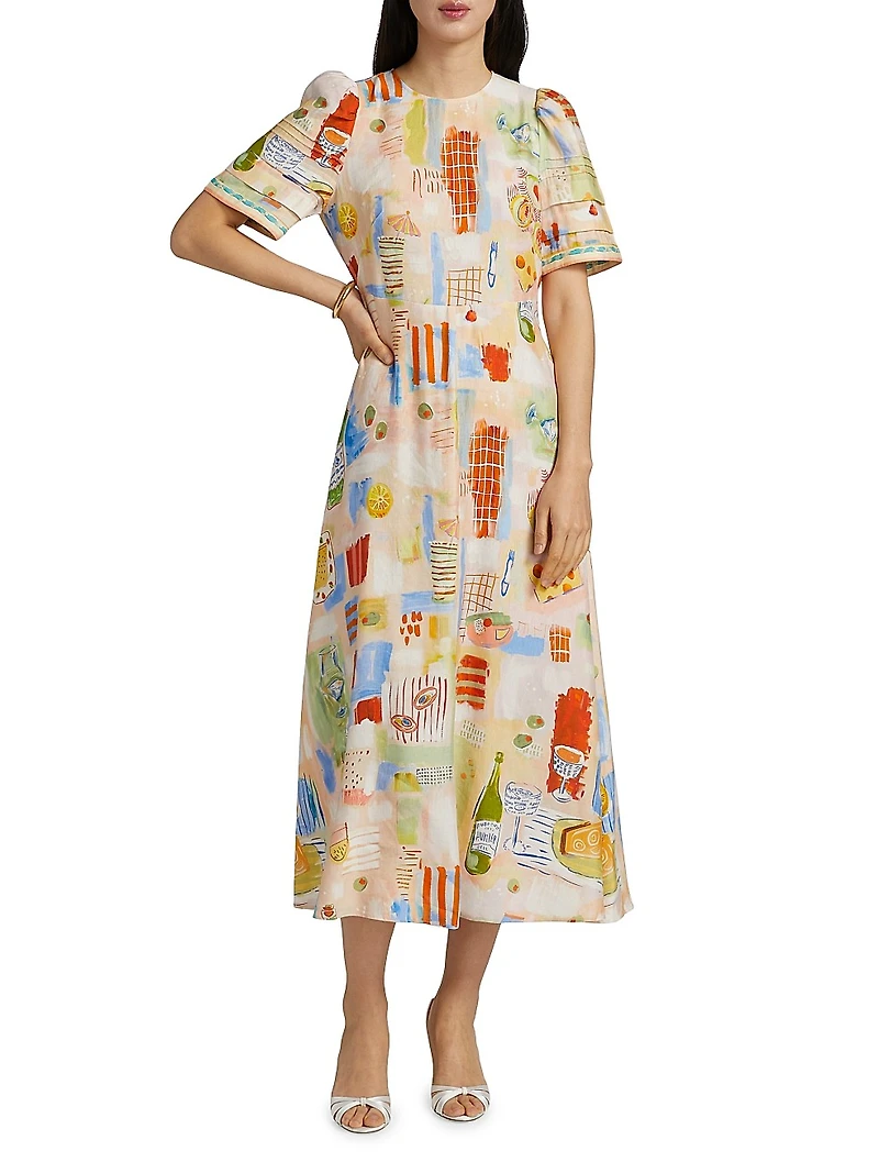 Casey Printed Linen-Blend Midi-Dress