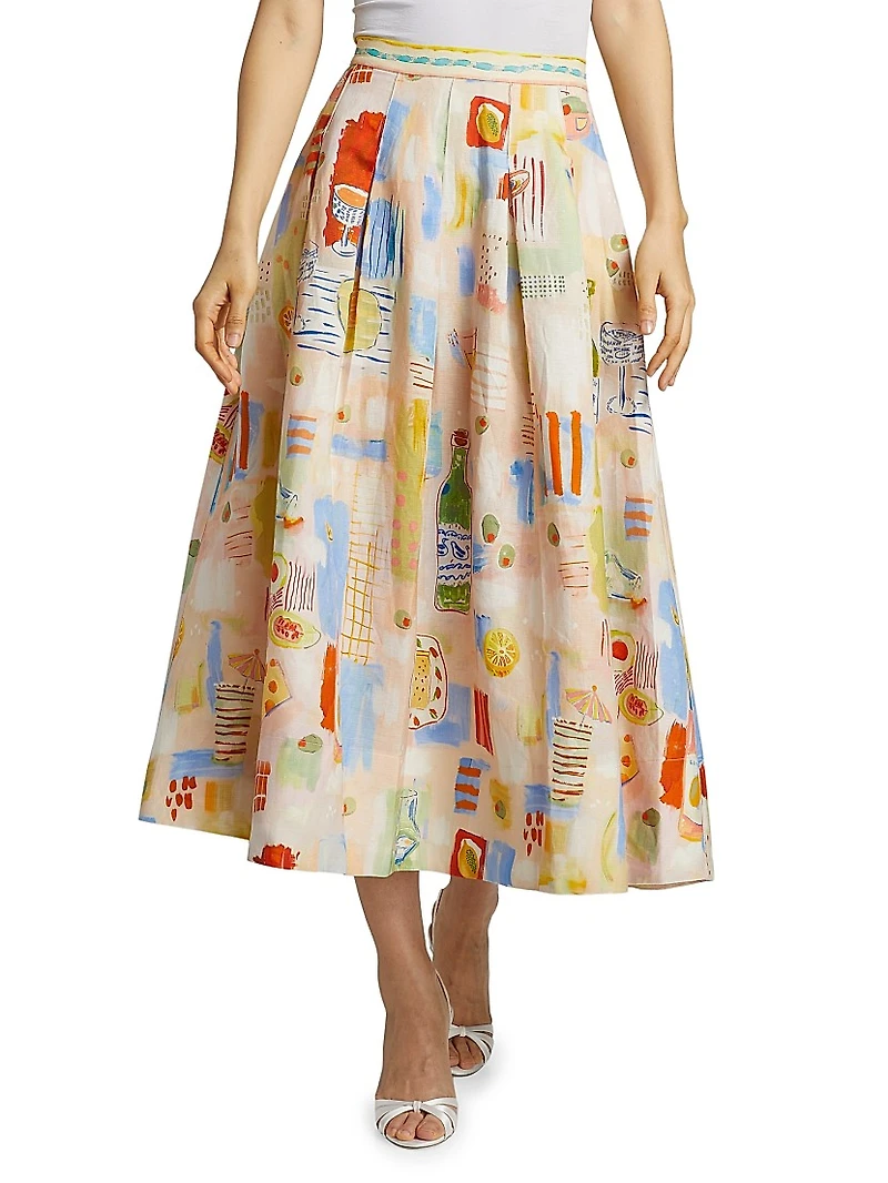 Alexis Printed Pleated Linen-Blend Midi-Skirt