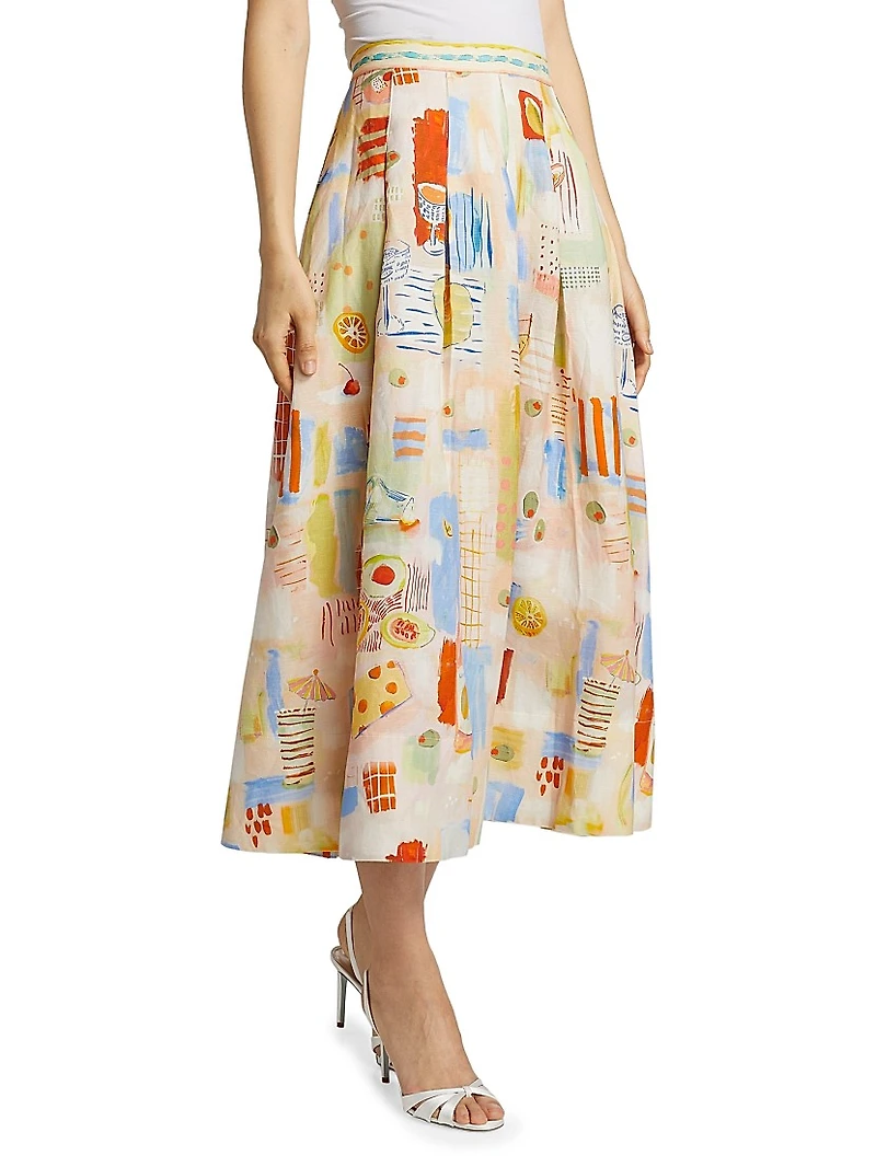 Alexis Printed Pleated Linen-Blend Midi-Skirt