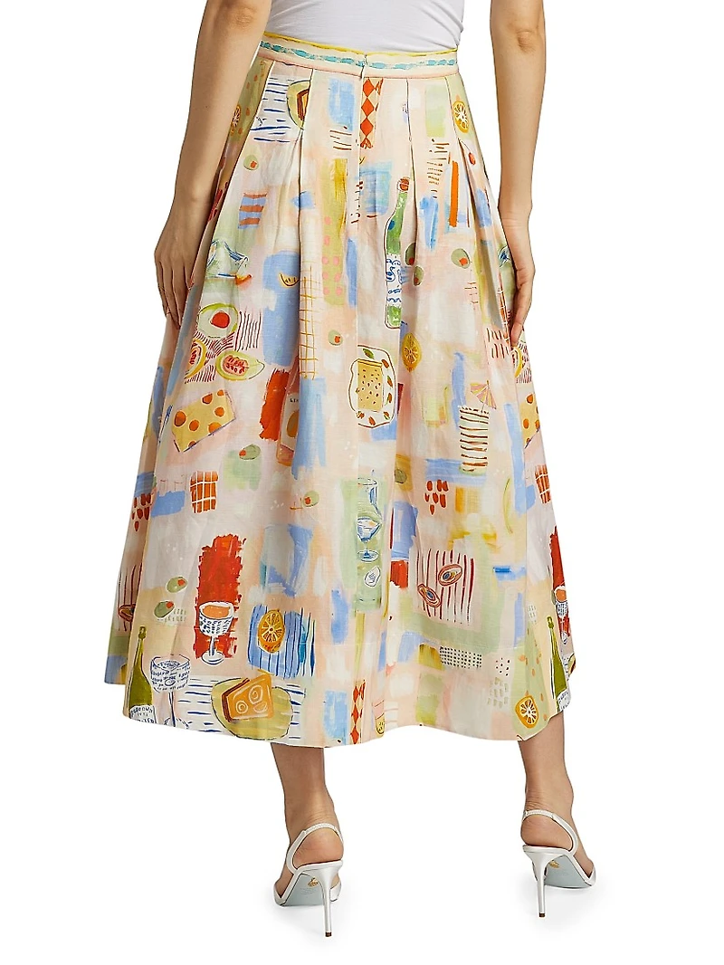 Alexis Printed Pleated Linen-Blend Midi-Skirt