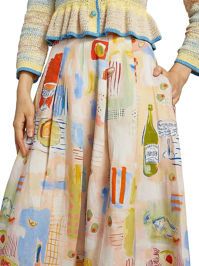 Alexis Printed Pleated Linen-Blend Midi-Skirt