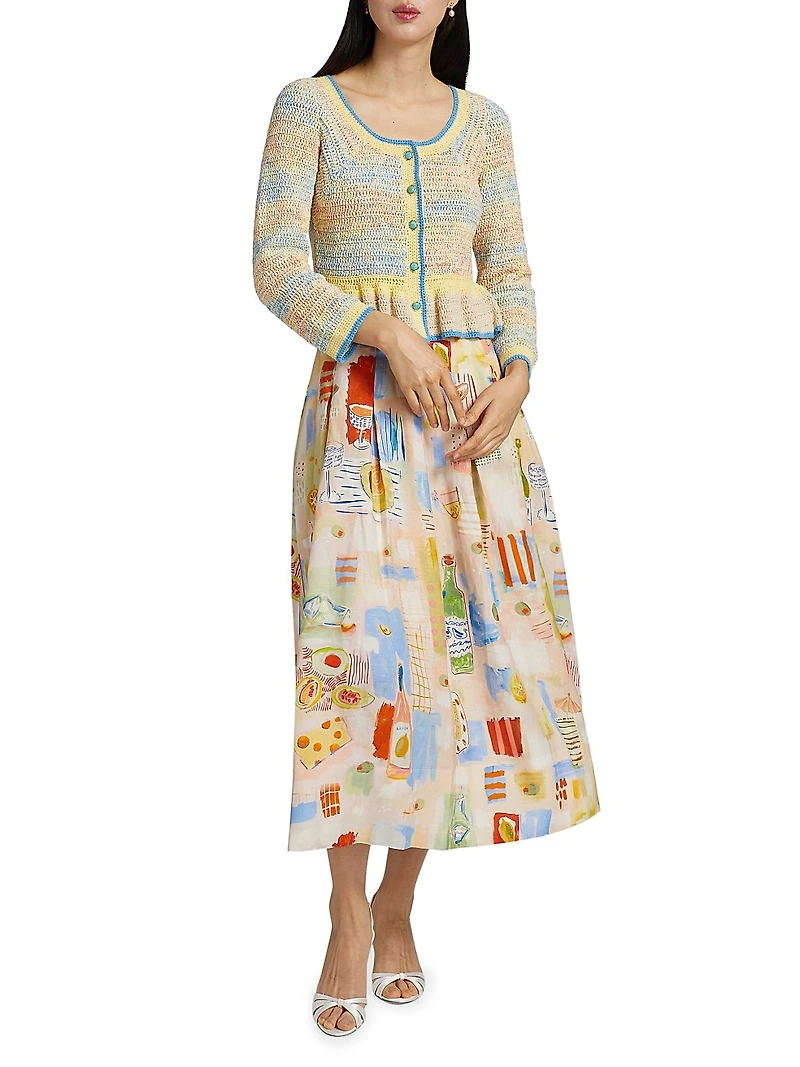 Alexis Printed Pleated Linen-Blend Midi-Skirt