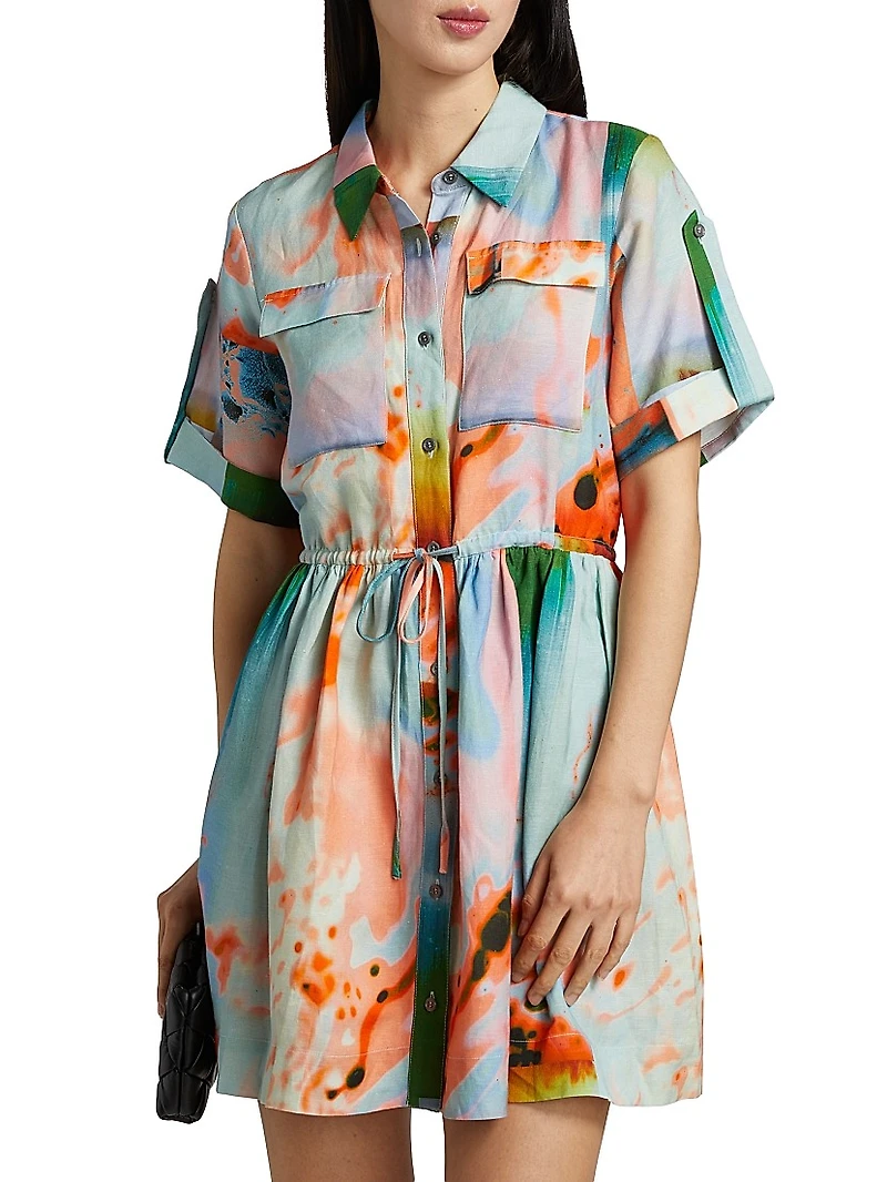Peyton Printed Linen-Blend Mini-Shirtdress
