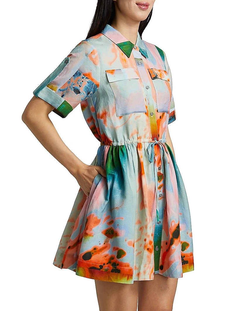Peyton Printed Linen-Blend Mini-Shirtdress