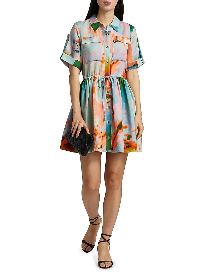 Peyton Printed Linen-Blend Mini-Shirtdress
