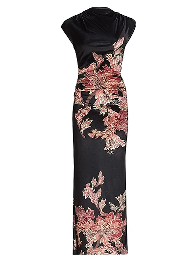 Johi Ruched Floral Velvet Maxi Dress