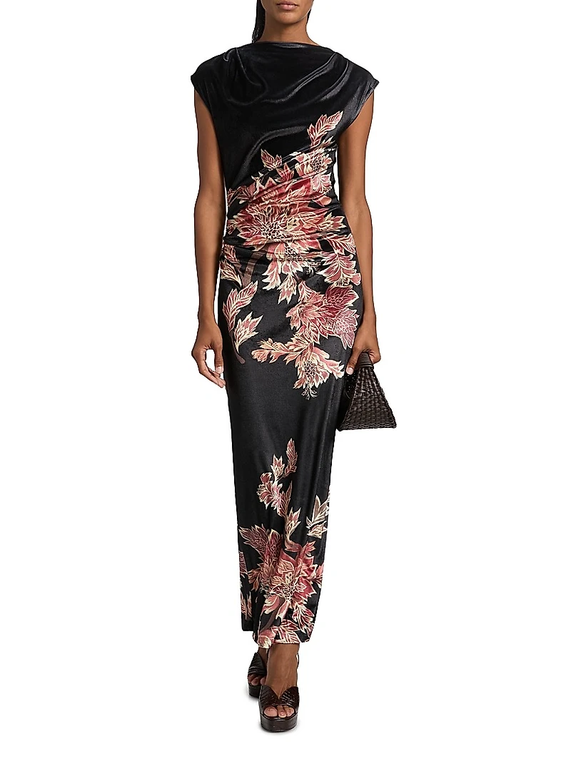 Johi Ruched Floral Velvet Maxi Dress