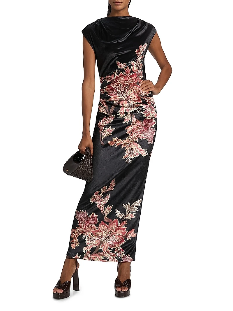 Johi Ruched Floral Velvet Maxi Dress