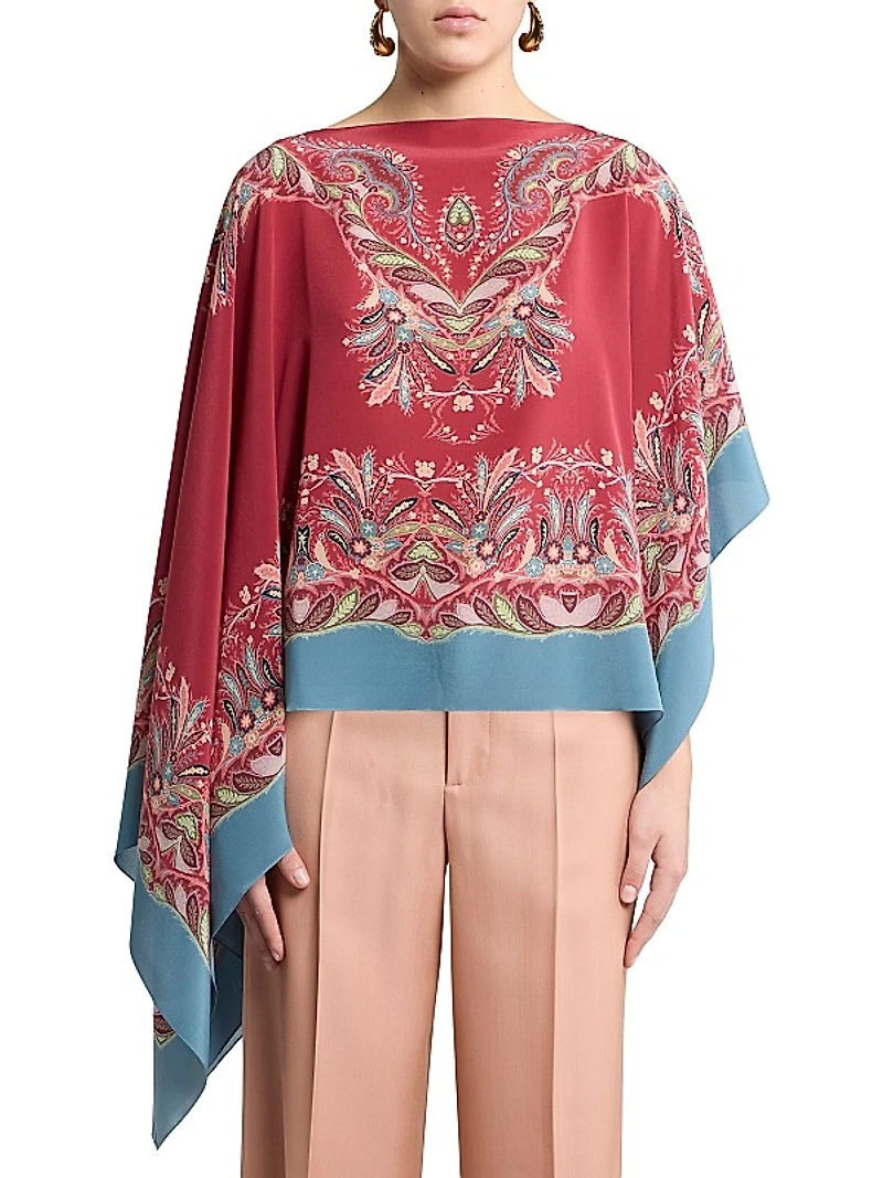 Asymmetrical Paisley Silk Poncho