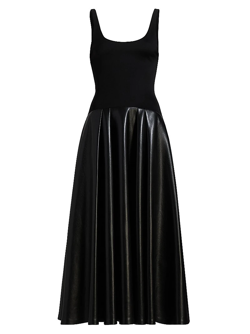 Adley Faux-Leather Drop-Waist Flared Maxi Dress