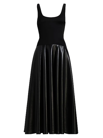 Adley Faux-Leather Drop-Waist Flared Maxi Dress