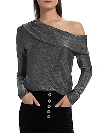 Carrie Shimmer One-Shoulder Long-SleeveTop