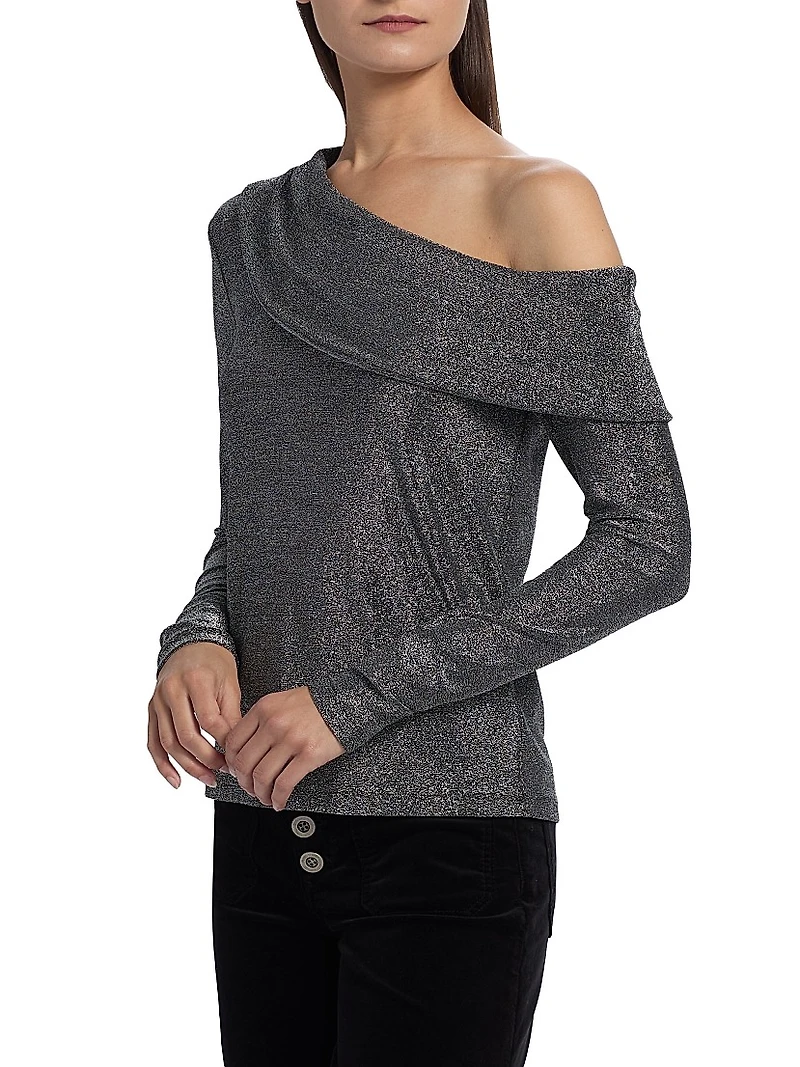 Carrie Shimmer One-Shoulder Long-SleeveTop