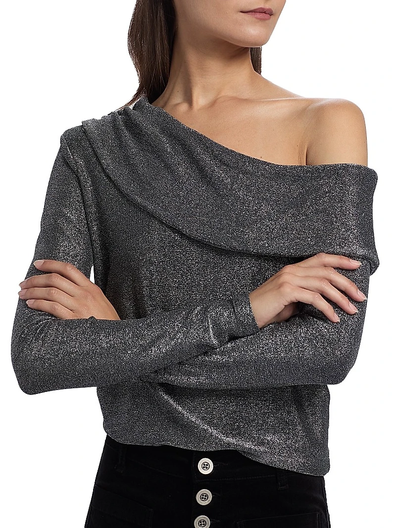 Carrie Shimmer One-Shoulder Long-SleeveTop
