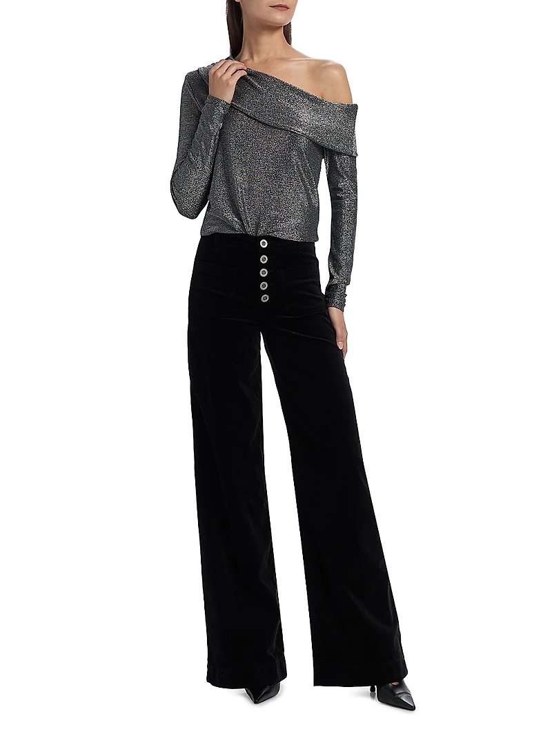 Carrie Shimmer One-Shoulder Long-SleeveTop