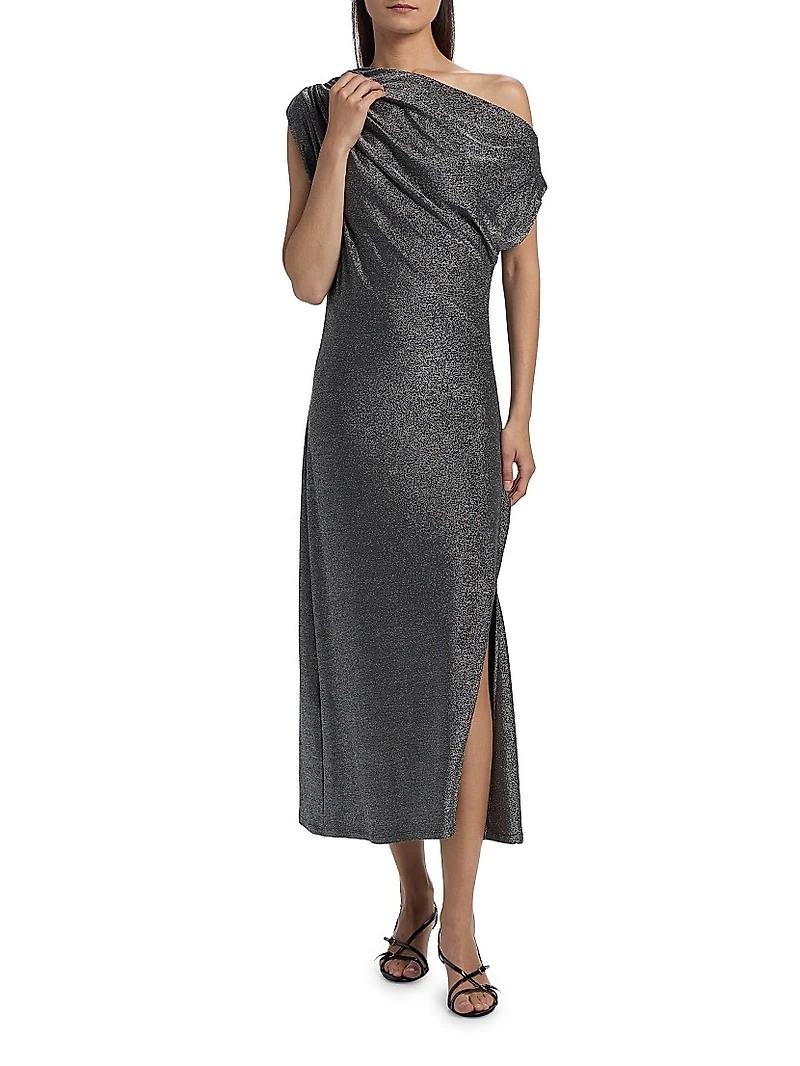 Rocker Chet Shimmer One-Shoulder Midi-Dress