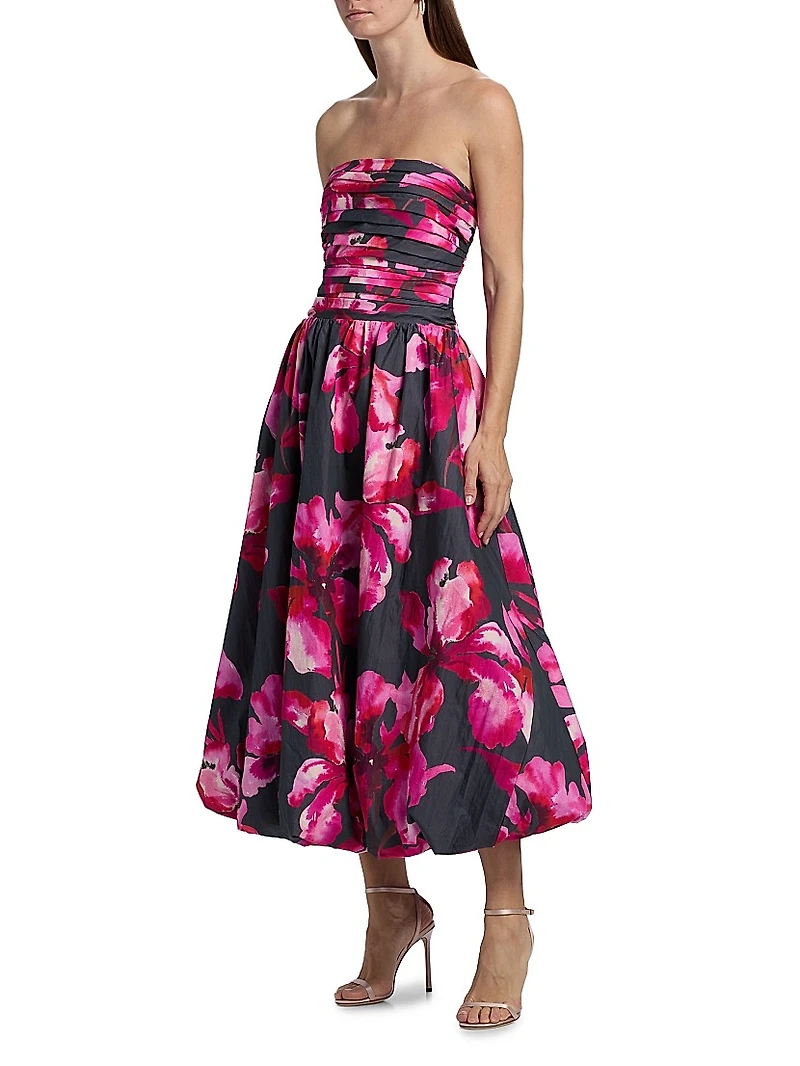 Helena Floral Bubble-Hem Midi-Dress
