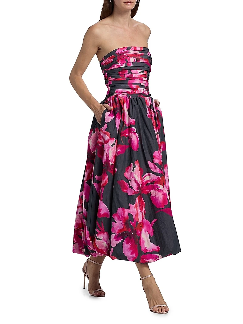 Helena Floral Bubble-Hem Midi-Dress