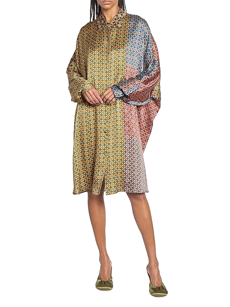 Dasia Tie Print Silk Oversized Shirtdress