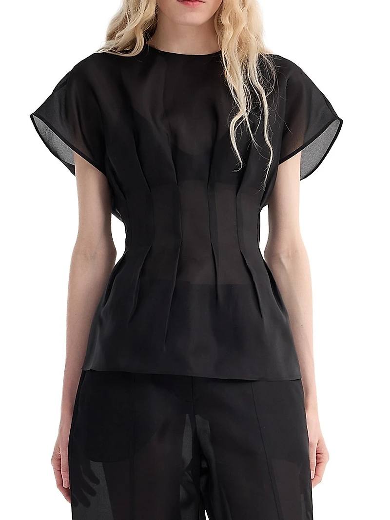 Pleated Waistline Organza Silk Top