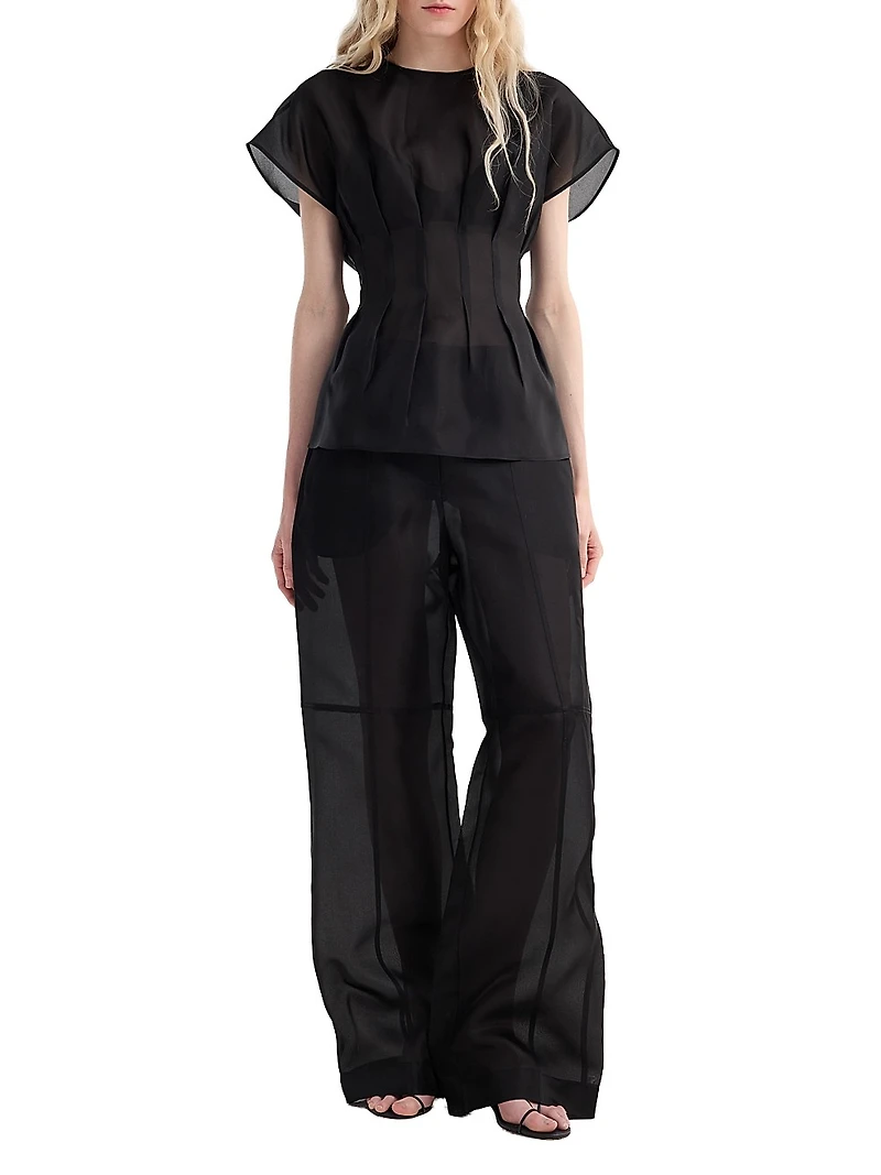 Pleated Waistline Organza Silk Top