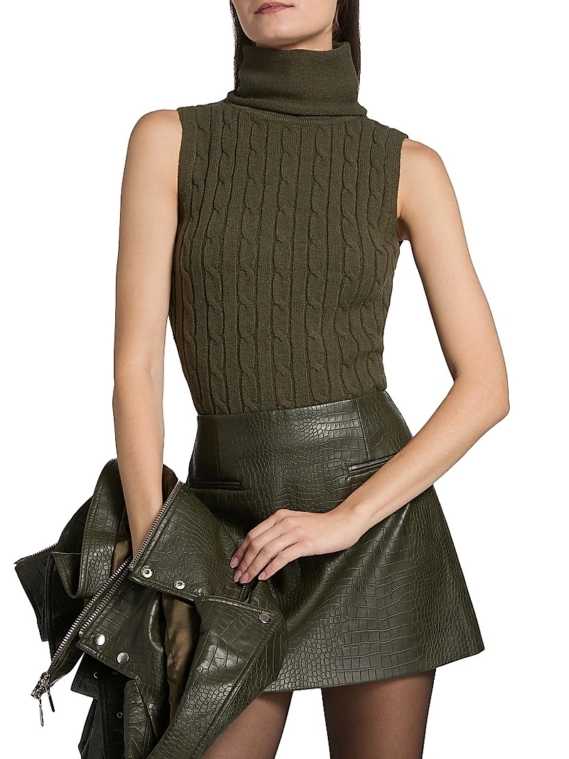 Jodie Cable-Knit Wool-Blend Turtleneck Sleeveless Top