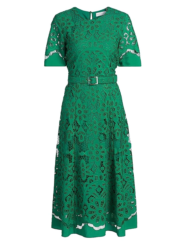 gaia scrunch lace midi dress in forest green Elie Tahari The Gaia Floral Lace Midi-Dress