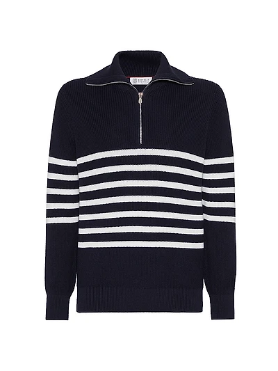 Cotton Half English Rib Striped Sweater with Zip