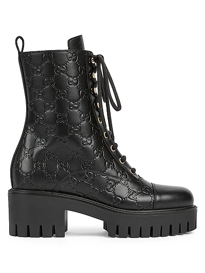 Embossed Logo Leather Combat Boots