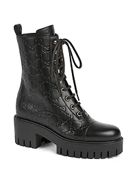 Embossed Logo Leather Combat Boots