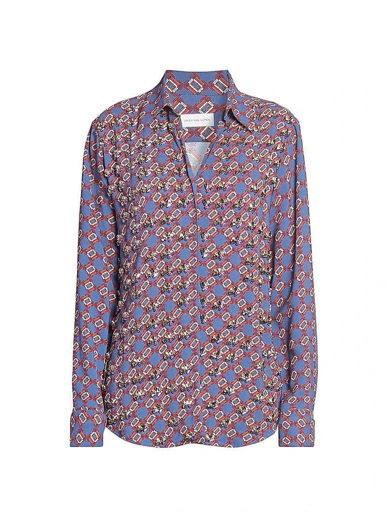 Printed Embellished-Trim Crepe Shirt