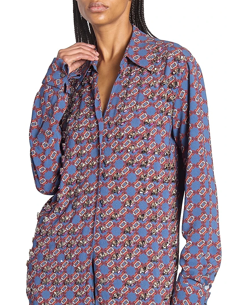Printed Embellished-Trim Crepe Shirt
