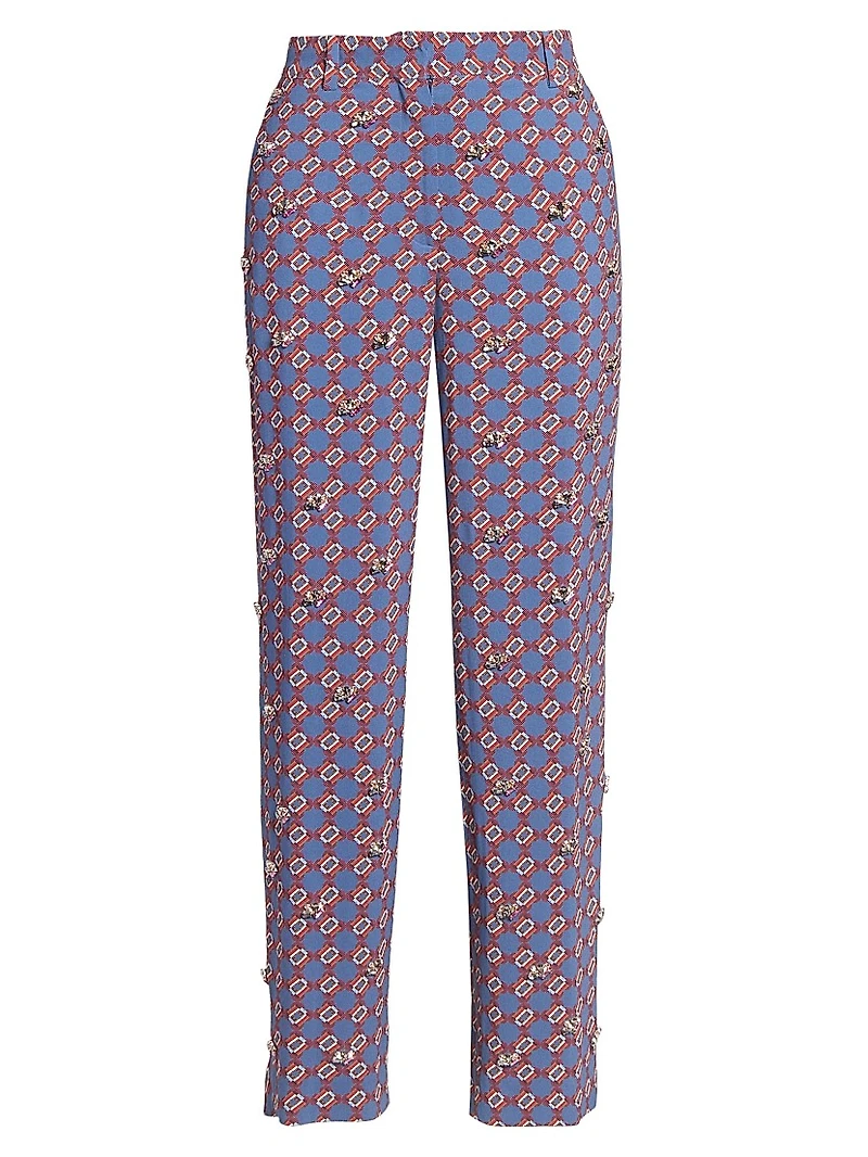 Paxy Embellished-Trim Printed Crepe Pants