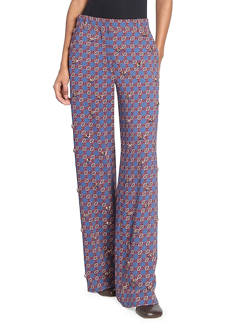 Paxy Embellished-Trim Printed Crepe Pants