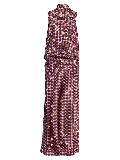 Printed Embellished-Trim Crepe Blouson Maxi Dress