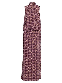 Printed Embellished-Trim Crepe Blouson Maxi Dress