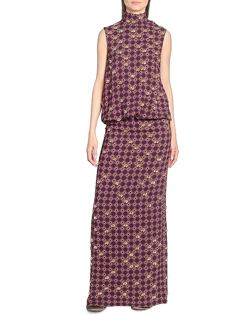Printed Embellished-Trim Crepe Blouson Maxi Dress