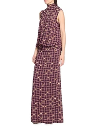 Printed Embellished-Trim Crepe Blouson Maxi Dress