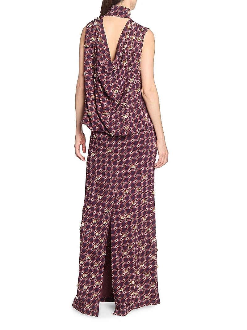 Printed Embellished-Trim Crepe Blouson Maxi Dress
