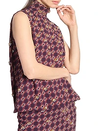 Printed Embellished-Trim Crepe Blouson Maxi Dress