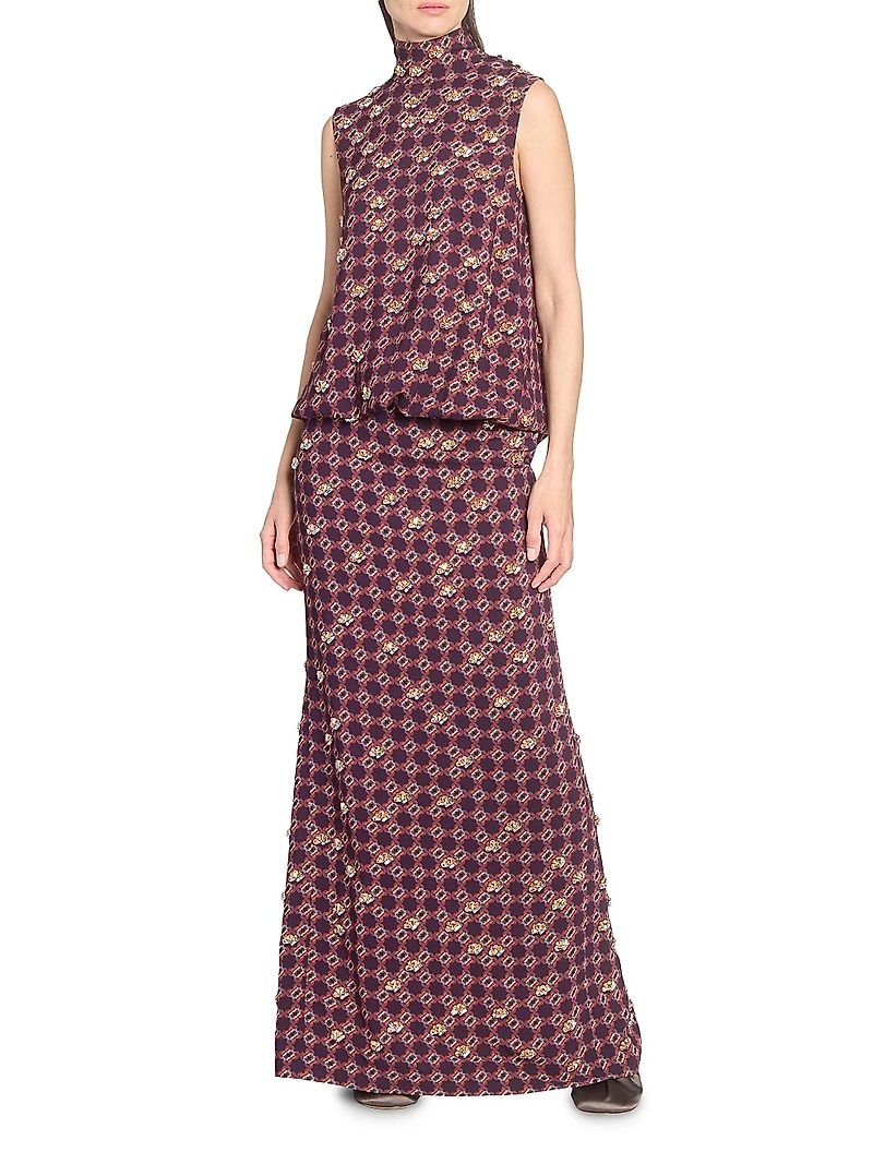 Printed Embellished-Trim Crepe Blouson Maxi Dress